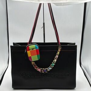 Karl Lagerfeld Black Tote with Multicolor Chain and Pouch